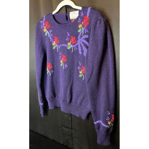 Vintage Susan Bristol Wool Sweater Sz 40 Hand Embroidered Purple Floral Pullover - Picture 8 of 10